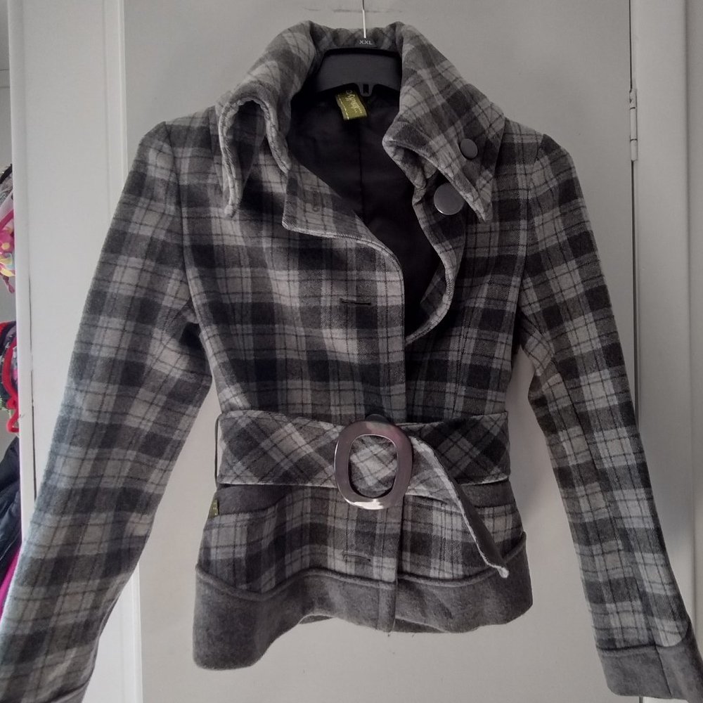 Soia & Kyo Wool Fiona Grey Blue Tartan Plaid Belted Coat Jacket XS.
